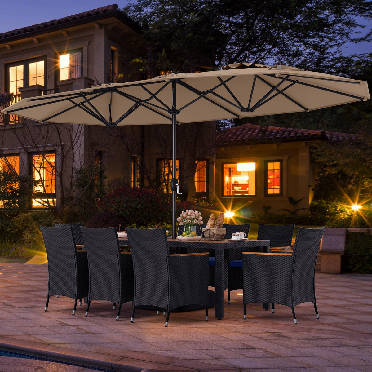 10 Piece Outdoor Patio Dining Set, 15 Feet Double-Sided Umbrella, Brown Patio Dining Sets at Gallery Canada