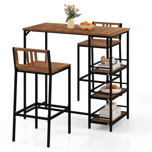 3 Piece Wood Bar Set, 3-Tier Storage Shelf, Metal Frame, Brown Patio Bar Furniture Brown at Gallery Canada