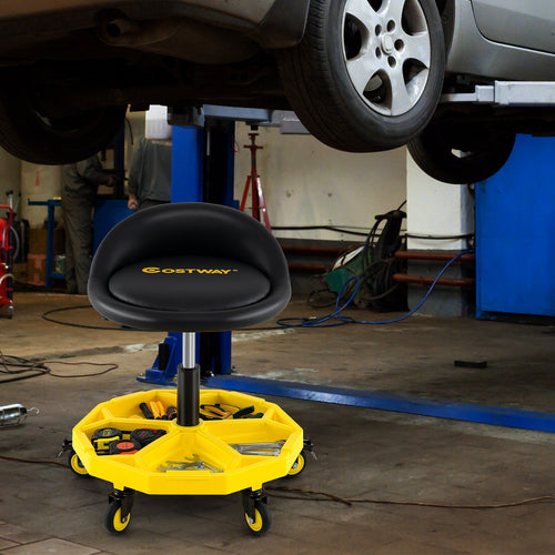 20-25 Inch Adjustable Rolling Garage Stool, Tool Tray Storage, Yellow