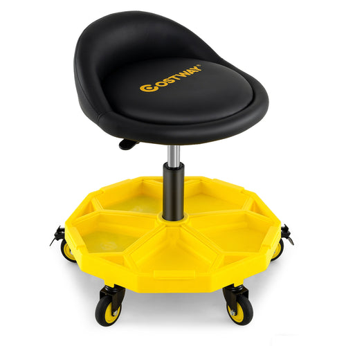 20-25 Inch Adjustable Rolling Garage Stool, Tool Tray Storage, Yellow