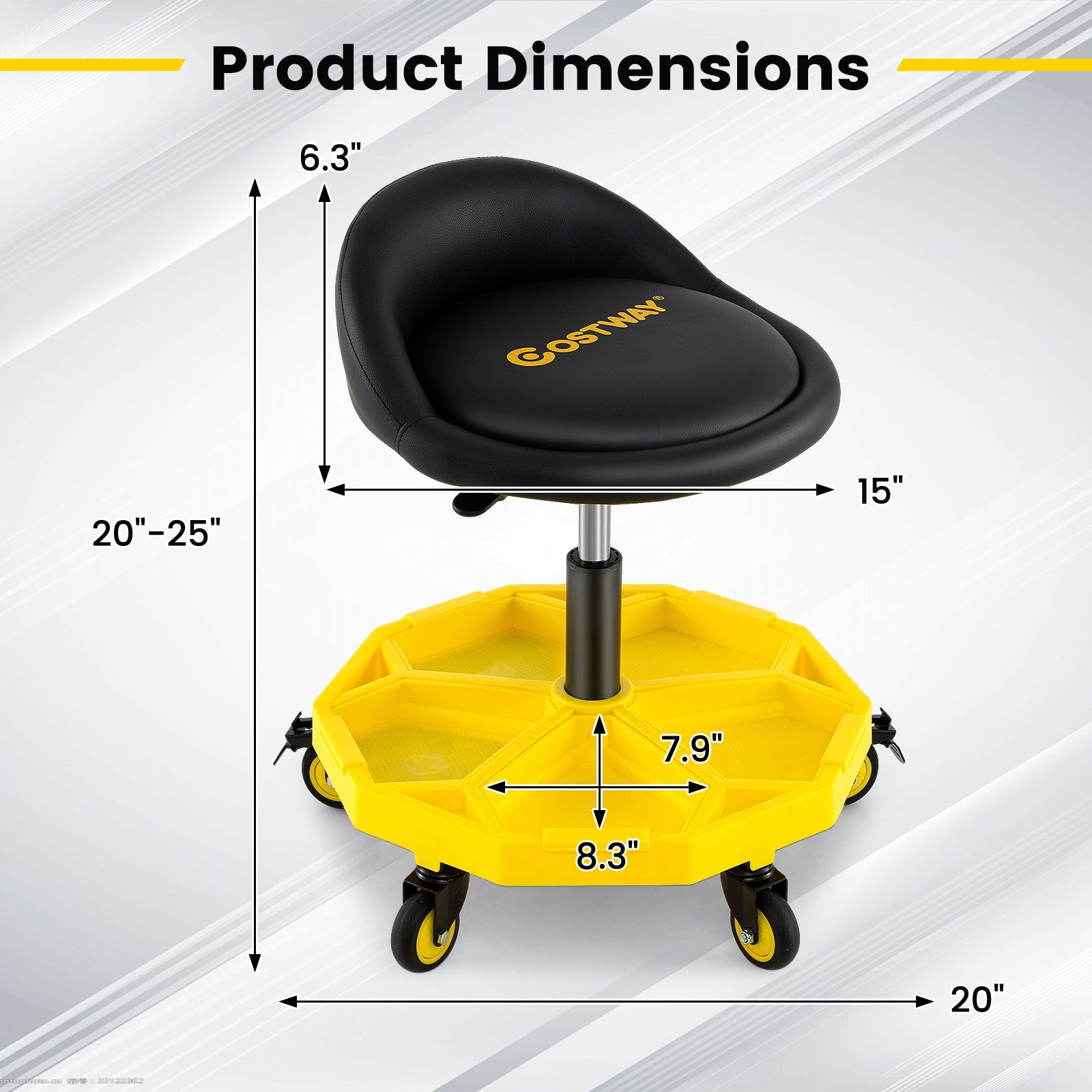 20-25 Inch Adjustable Rolling Garage Stool, Tool Tray Storage, Yellow Garages at Gallery Canada