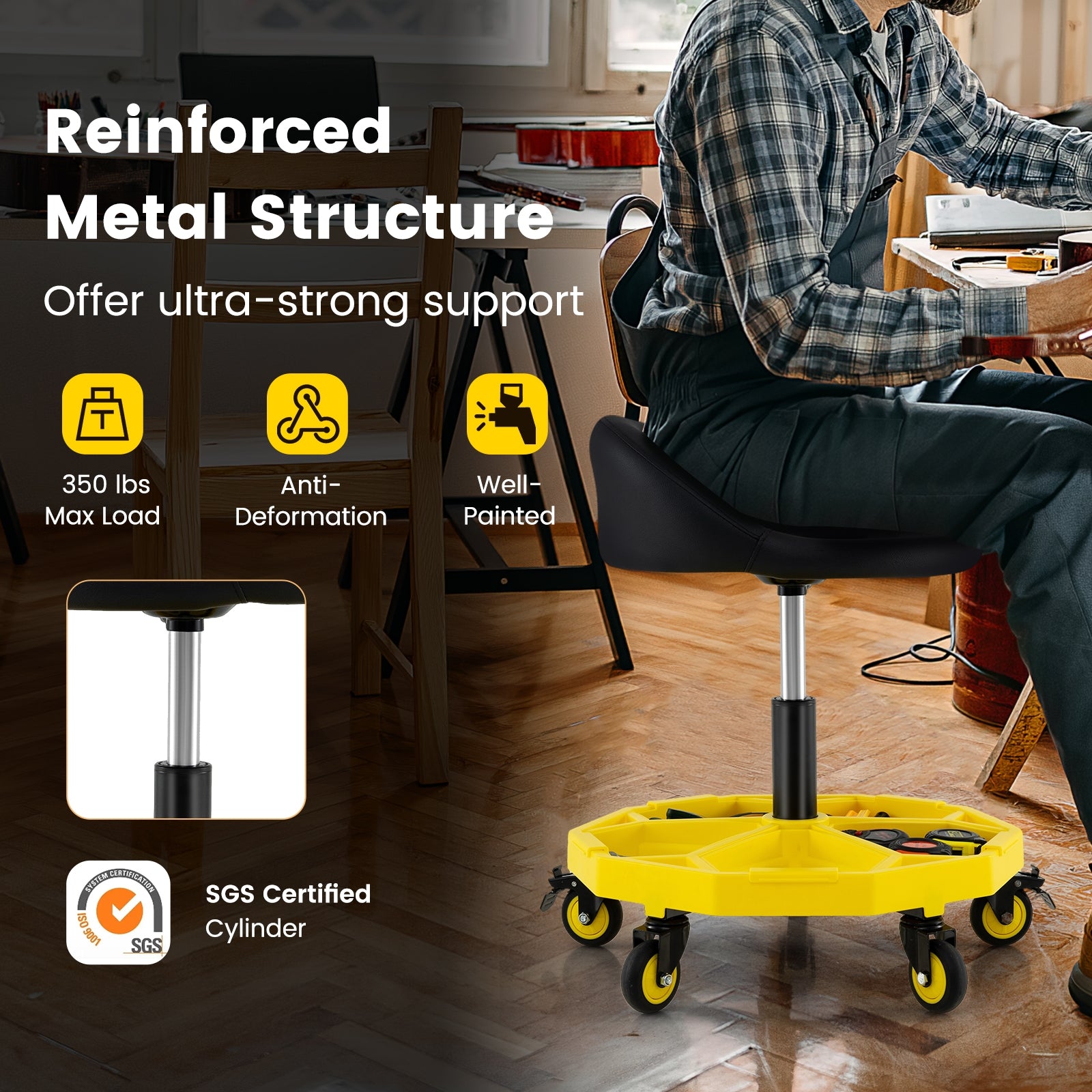 20-25 Inch Adjustable Rolling Garage Stool, Tool Tray Storage, Yellow Garages at Gallery Canada