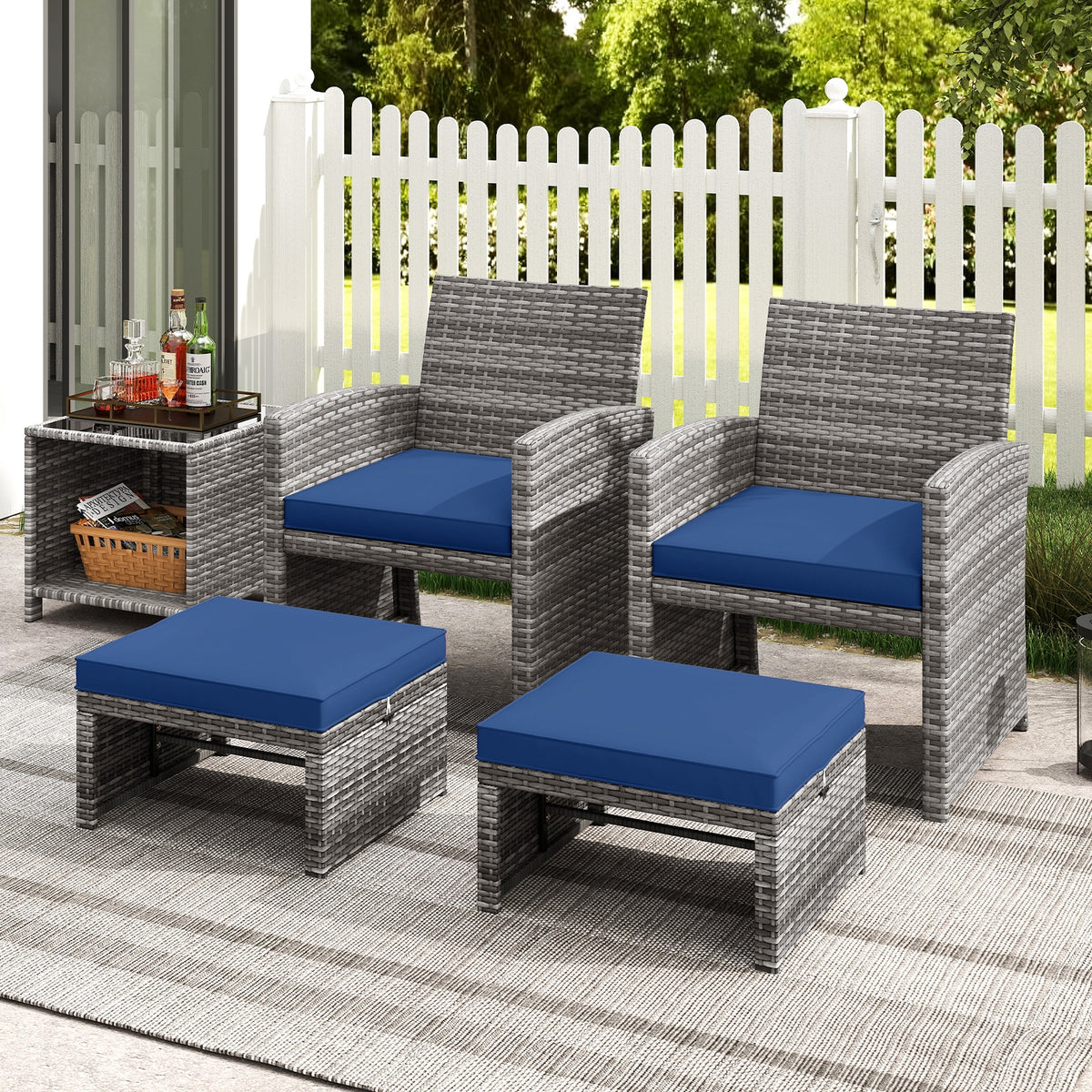 Patio PE Rattan Ottomans, 2 Pieces, Soft Zippered Cushions, Navy Outdoor Seating & Patio Chairs at Gallery Canada