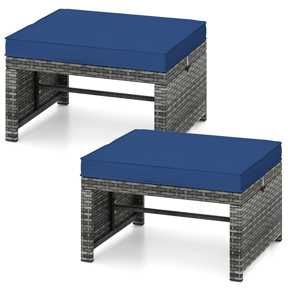 Patio PE Rattan Ottomans, 2 Pieces, Soft Zippered Cushions, Navy Outdoor Seating & Patio Chairs at Gallery Canada