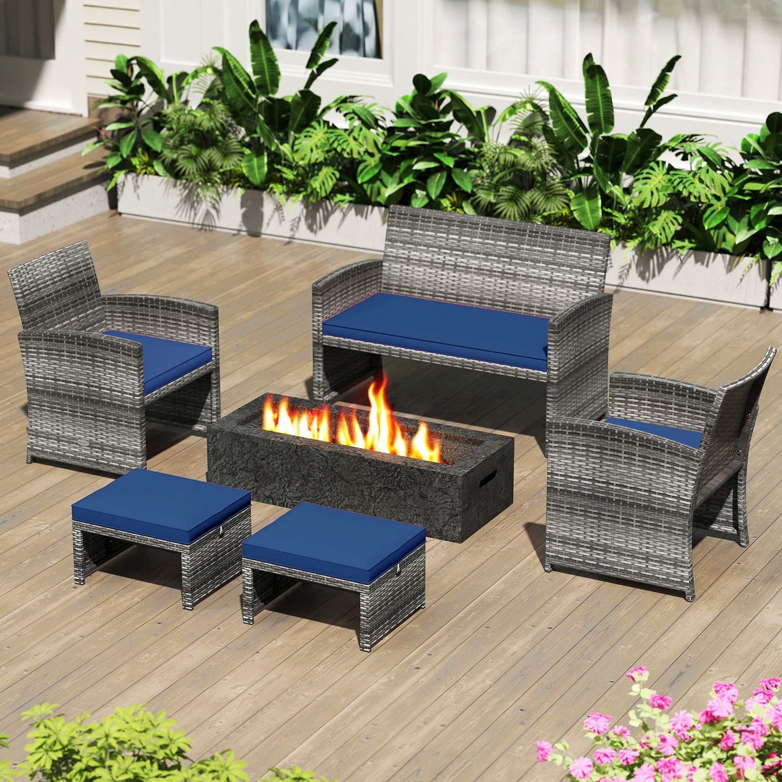 Patio PE Rattan Ottomans, 2 Pieces, Soft Zippered Cushions, Navy Outdoor Seating & Patio Chairs at Gallery Canada