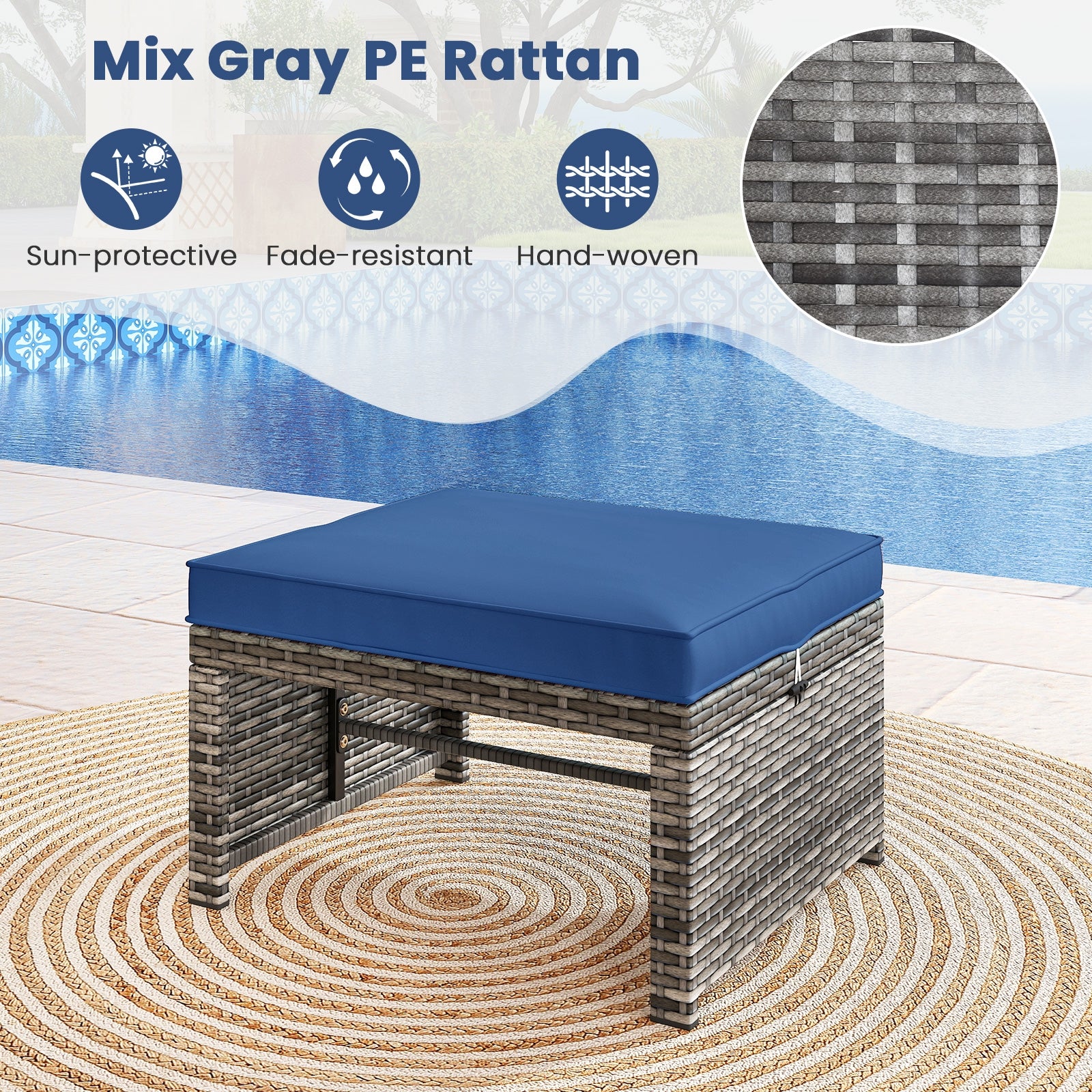 Patio PE Rattan Ottomans, 2 Pieces, Soft Zippered Cushions, Navy Outdoor Seating & Patio Chairs at Gallery Canada