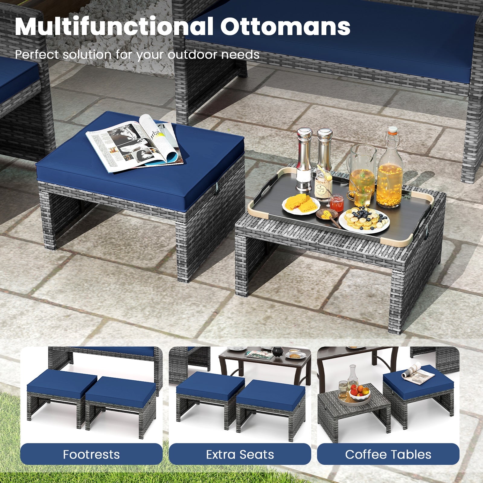 Patio PE Rattan Ottomans, 2 Pieces, Soft Zippered Cushions, Navy Outdoor Seating & Patio Chairs at Gallery Canada