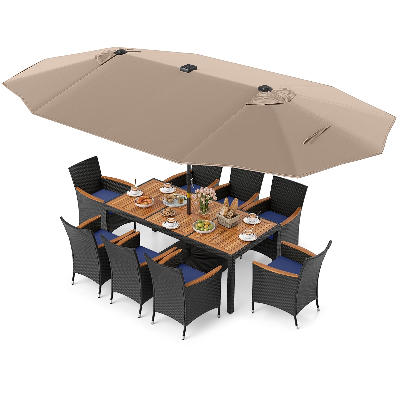 11 Piece Patio Dining Set With LED Umbrella, Coffee, Navy Patio Dining Sets at Gallery Canada