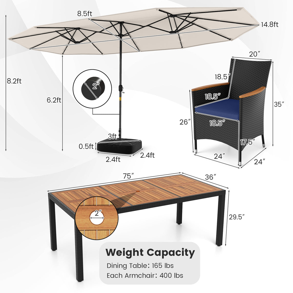 11 Piece Patio Dining Set, LED Umbrella With Base, Beige, Navy Patio Dining Sets at Gallery Canada