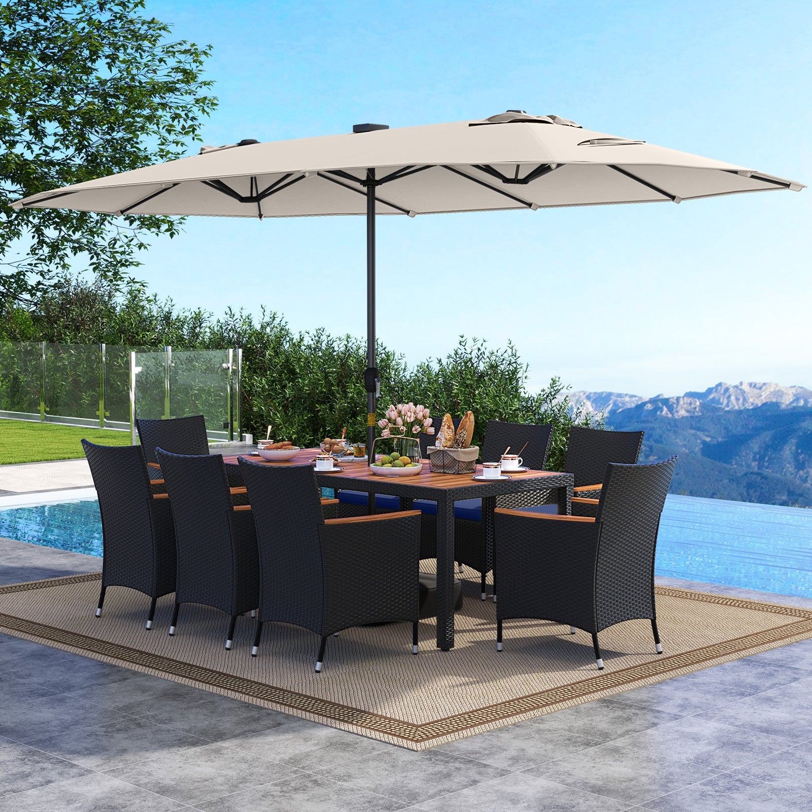 11 Piece Patio Dining Set, LED Umbrella With Base, Beige, Navy Patio Dining Sets at Gallery Canada