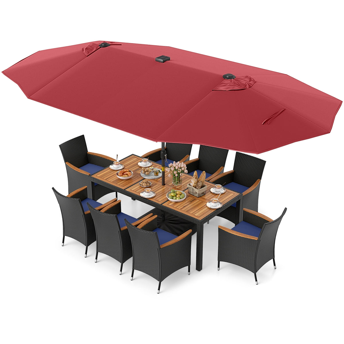 11-Piece Patio Dining Set, LED Umbrella With Base, Cushions, Wine, Navy Patio Dining Sets Wine at Gallery Canada