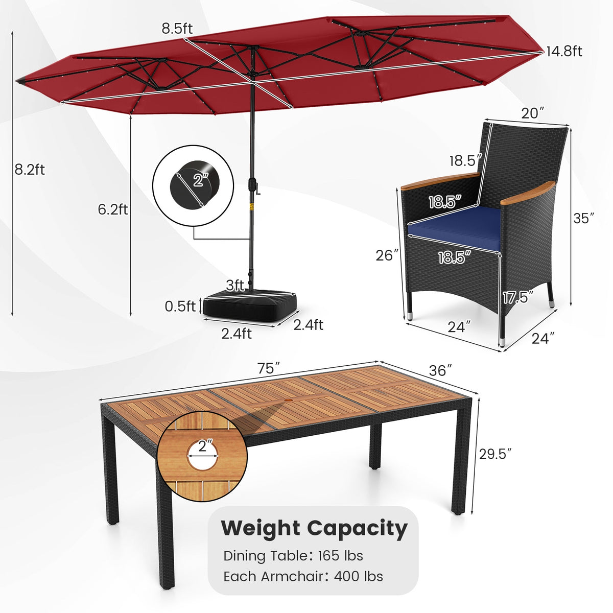 11-Piece Patio Dining Set, LED Umbrella With Base, Cushions, Wine, Navy Patio Dining Sets at Gallery Canada
