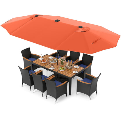 11-Piece Patio Dining Set, LED Umbrella With Base, Cushions, Orange, Navy Patio Dining Sets Orange at Gallery Canada