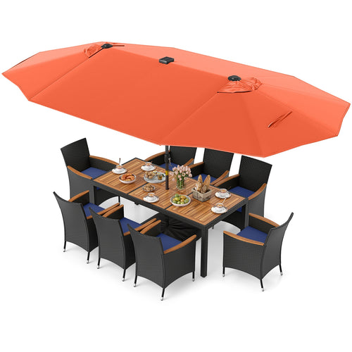 11-Piece Patio Dining Set, LED Umbrella With Base, Cushions, Orange, Navy