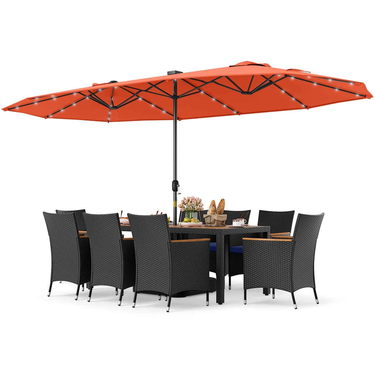 11-Piece Patio Dining Set, LED Umbrella With Base, Cushions, Orange, Navy Patio Dining Sets at Gallery Canada