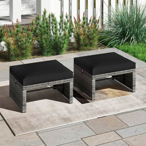 Patio PE Rattan Ottomans, 2 Pieces, Soft Zippered Cushions, Black