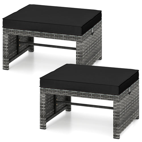 Patio PE Rattan Ottomans, 2 Pieces, Soft Zippered Cushions, Black