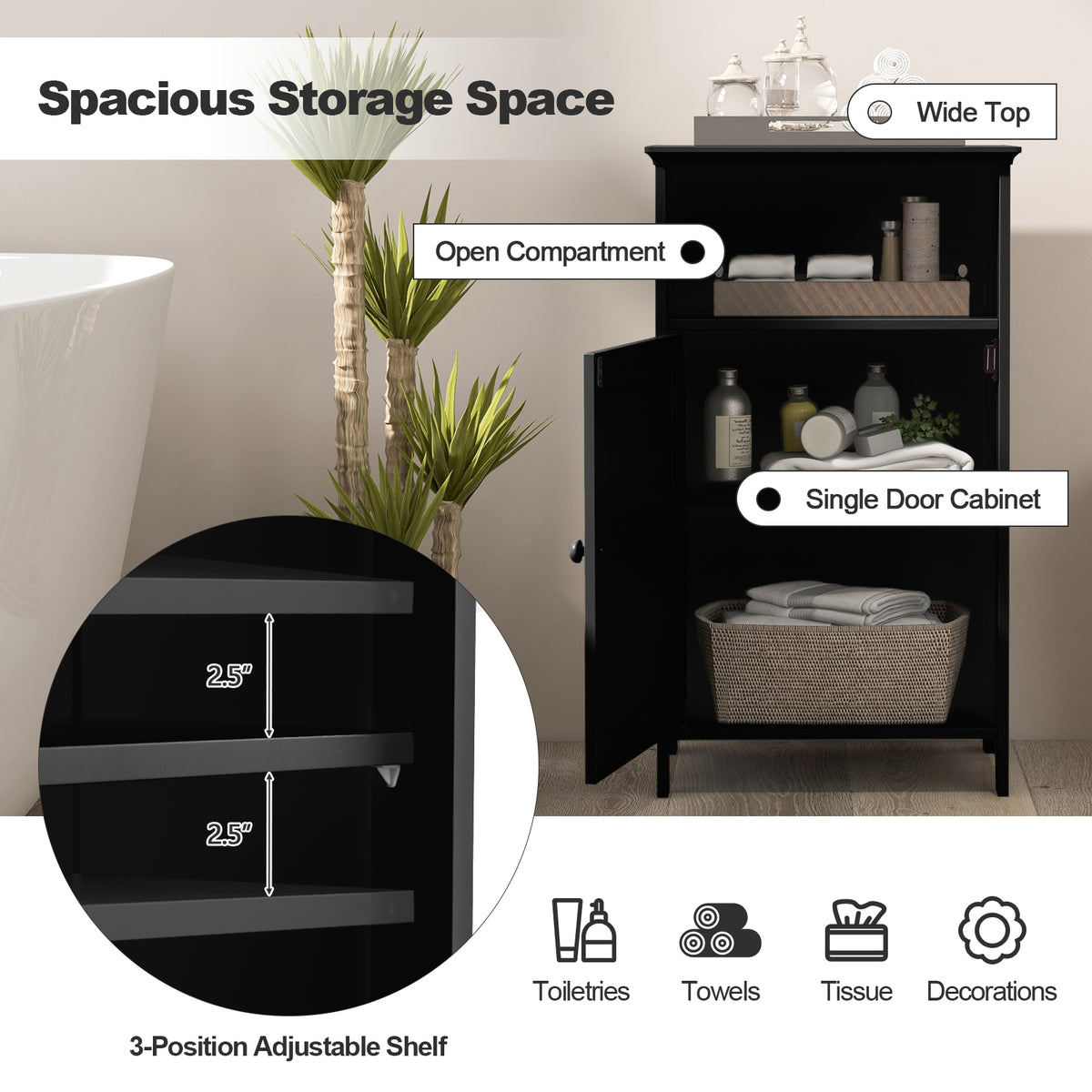 Freestanding Bathroom Floor Storage Cabinet, Adjustable Shelf, Black Floor Cabinets at Gallery Canada