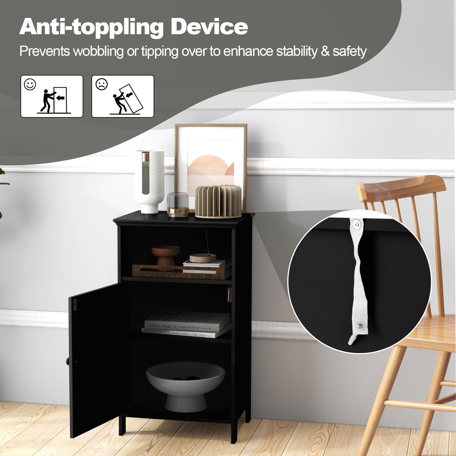 Freestanding Bathroom Floor Storage Cabinet, Adjustable Shelf, Black Floor Cabinets at Gallery Canada