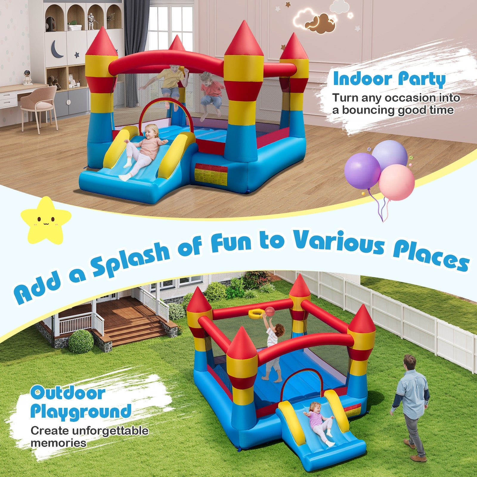 3-in-1 Kids Bouncer With Slide, 480W Blower, Blue Bounce House at Gallery Canada
