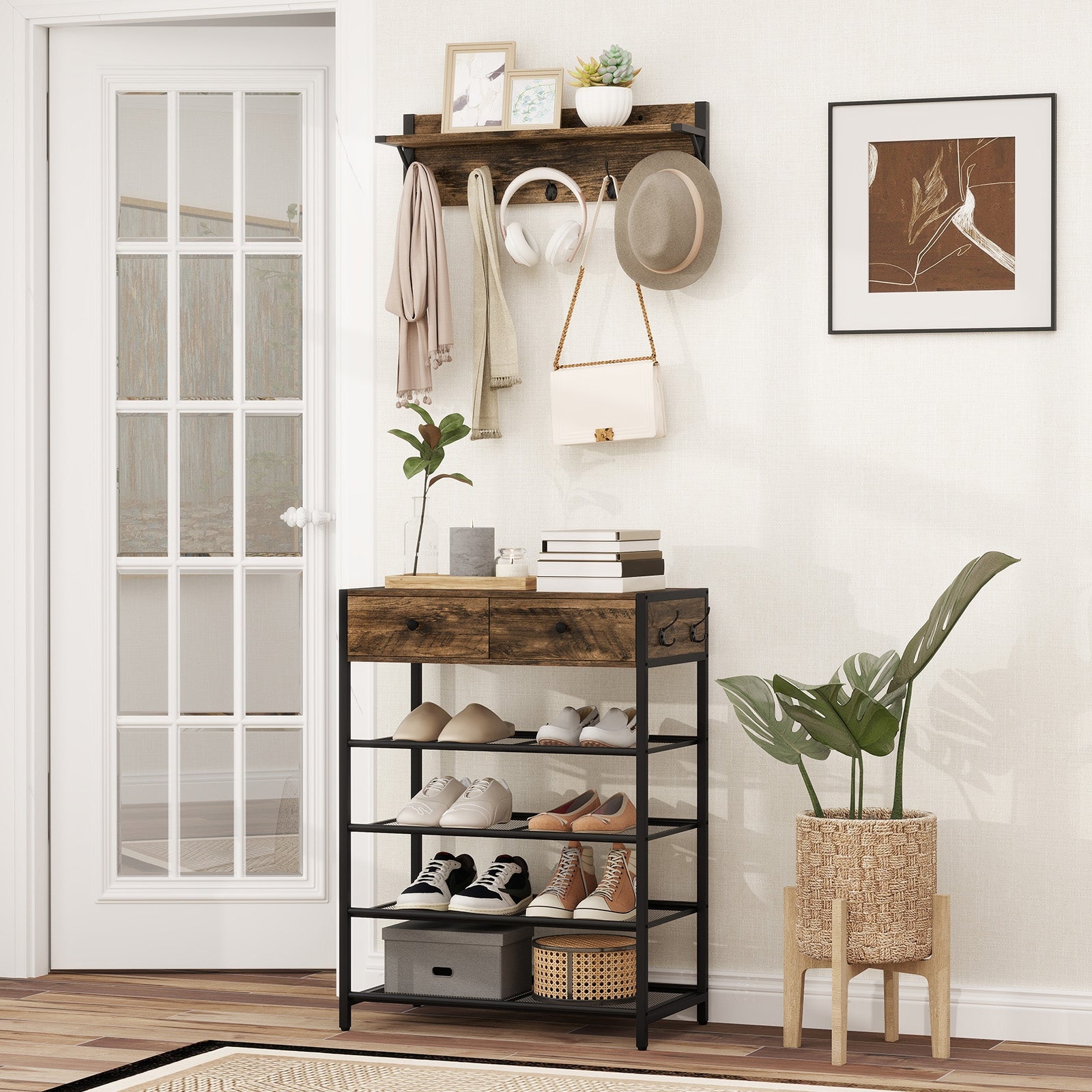 5-Tier Shoe Rack With Wall-Mounted Coat Hanger, Brown Shoe Racks & Storage Benches at Gallery Canada