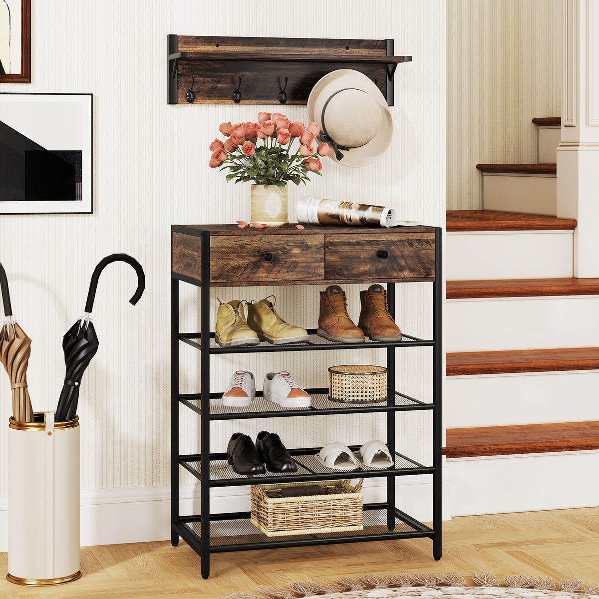 5-Tier Shoe Rack With Wall-Mounted Coat Hanger, Brown Shoe Racks & Storage Benches at Gallery Canada