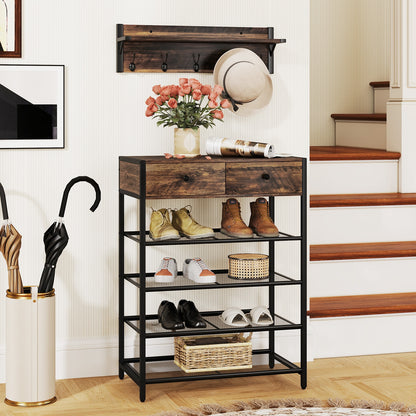 5-Tier Shoe Rack With Wall-Mounted Coat Hanger, Brown Shoe Racks & Storage Benches at Gallery Canada