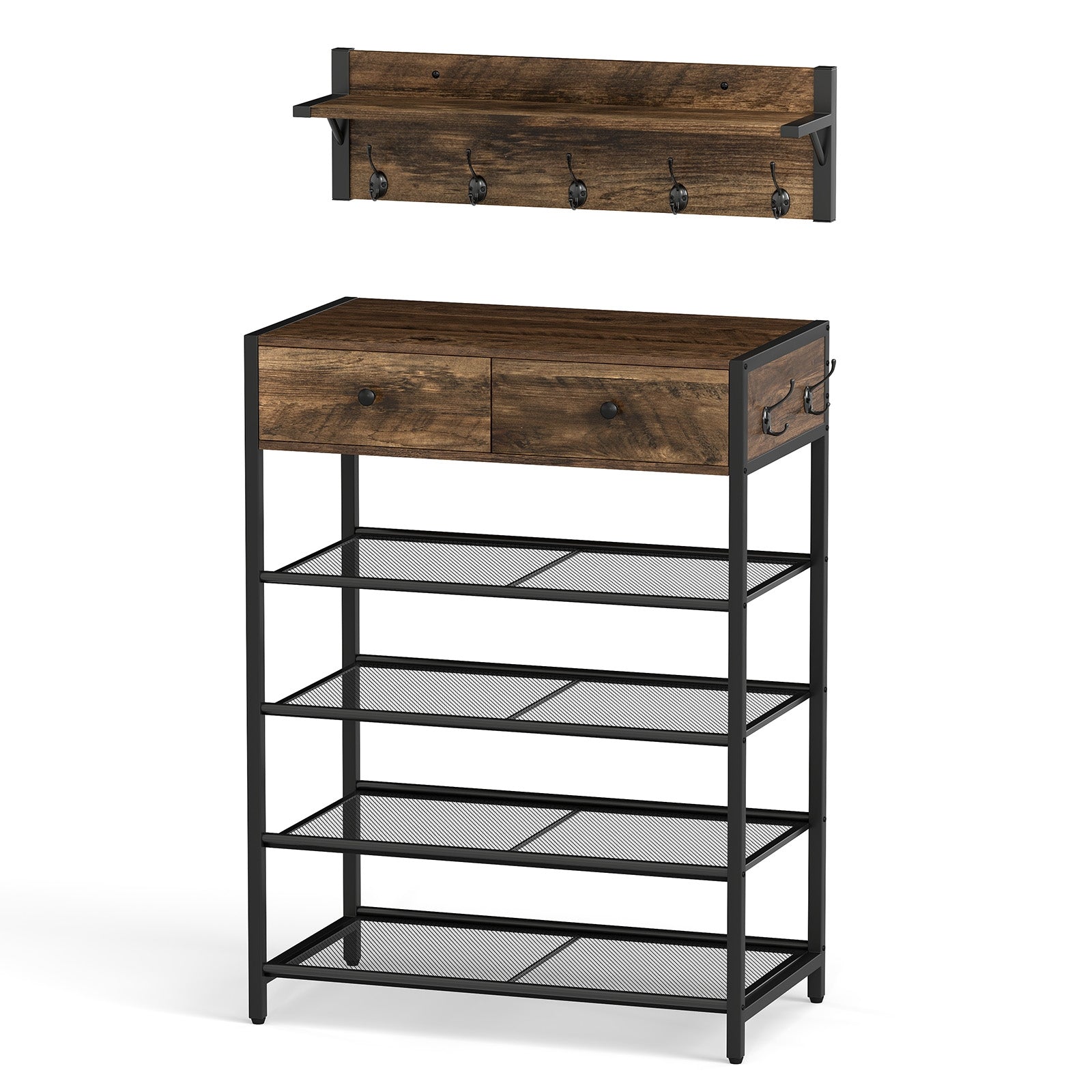5-Tier Shoe Rack With Wall-Mounted Coat Hanger, Brown Shoe Racks & Storage Benches Brown at Gallery Canada