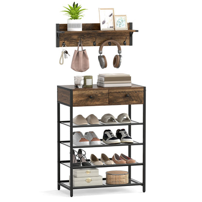 5-Tier Shoe Rack With Wall-Mounted Coat Hanger, Brown Shoe Racks & Storage Benches at Gallery Canada