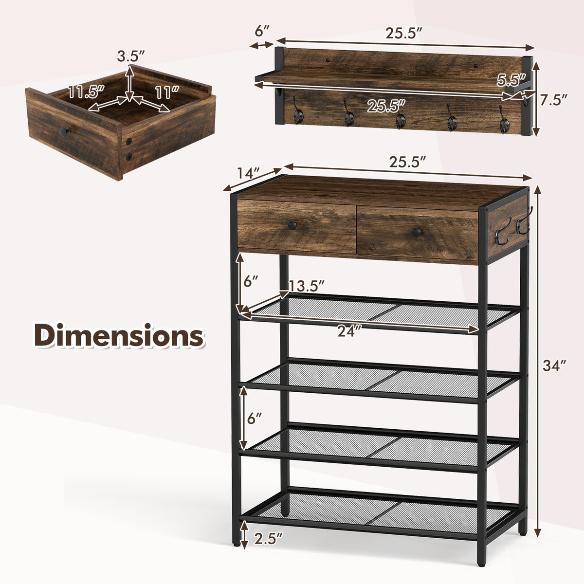 5-Tier Shoe Rack With Wall-Mounted Coat Hanger, Brown Shoe Racks & Storage Benches at Gallery Canada