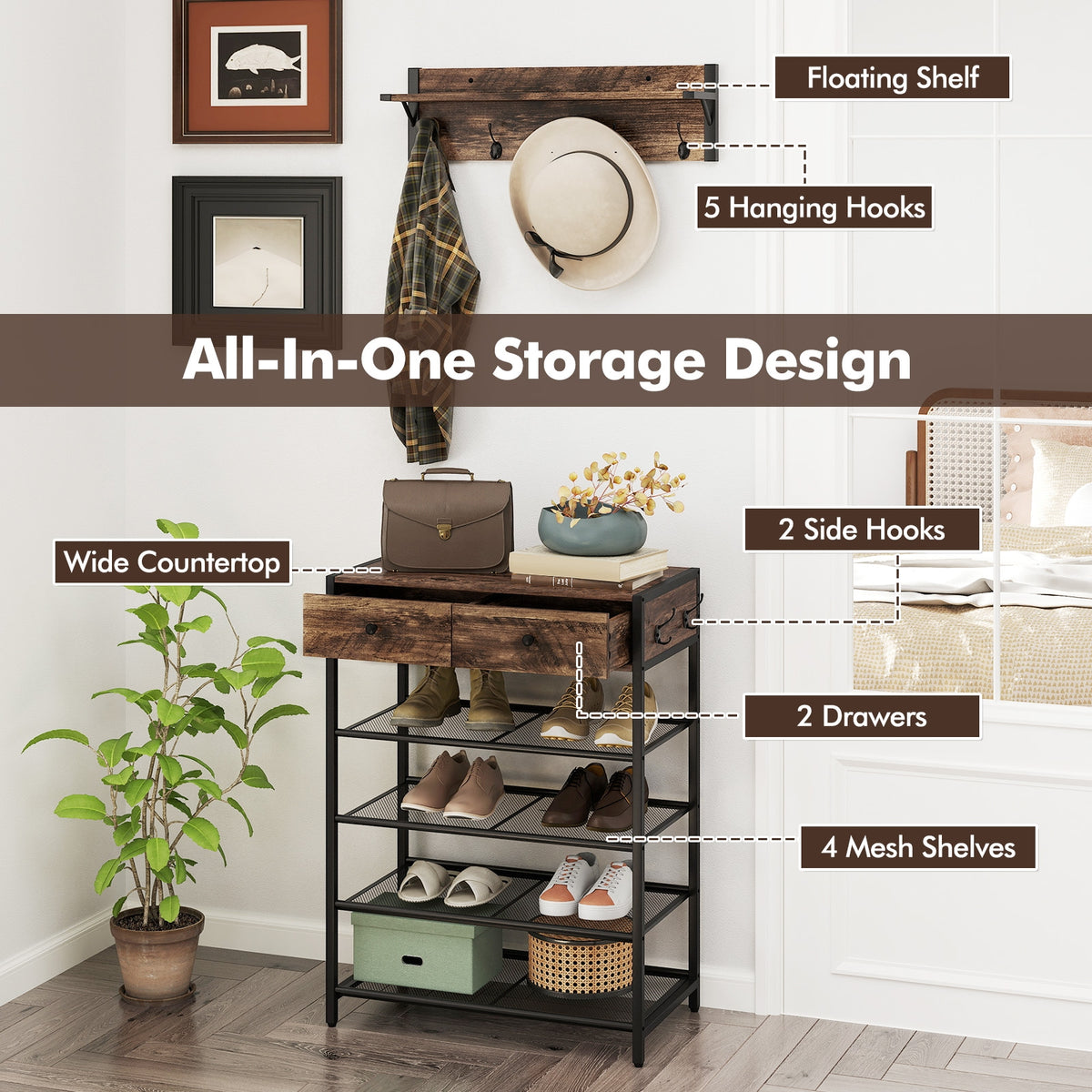 5-Tier Shoe Rack With Wall-Mounted Coat Hanger, Brown Shoe Racks & Storage Benches at Gallery Canada