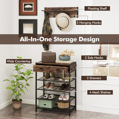 5-Tier Shoe Rack With Wall-Mounted Coat Hanger, Brown Shoe Racks & Storage Benches at Gallery Canada