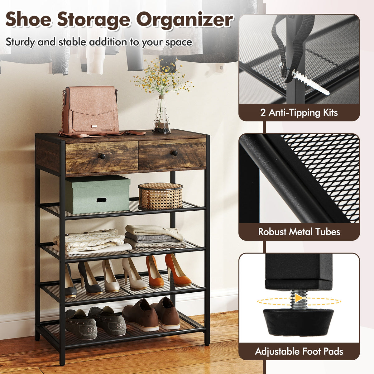 5-Tier Shoe Rack With Wall-Mounted Coat Hanger, Brown Shoe Racks & Storage Benches at Gallery Canada