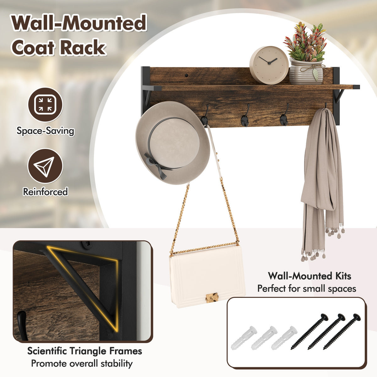 5-Tier Shoe Rack With Wall-Mounted Coat Hanger, Brown Shoe Racks & Storage Benches at Gallery Canada