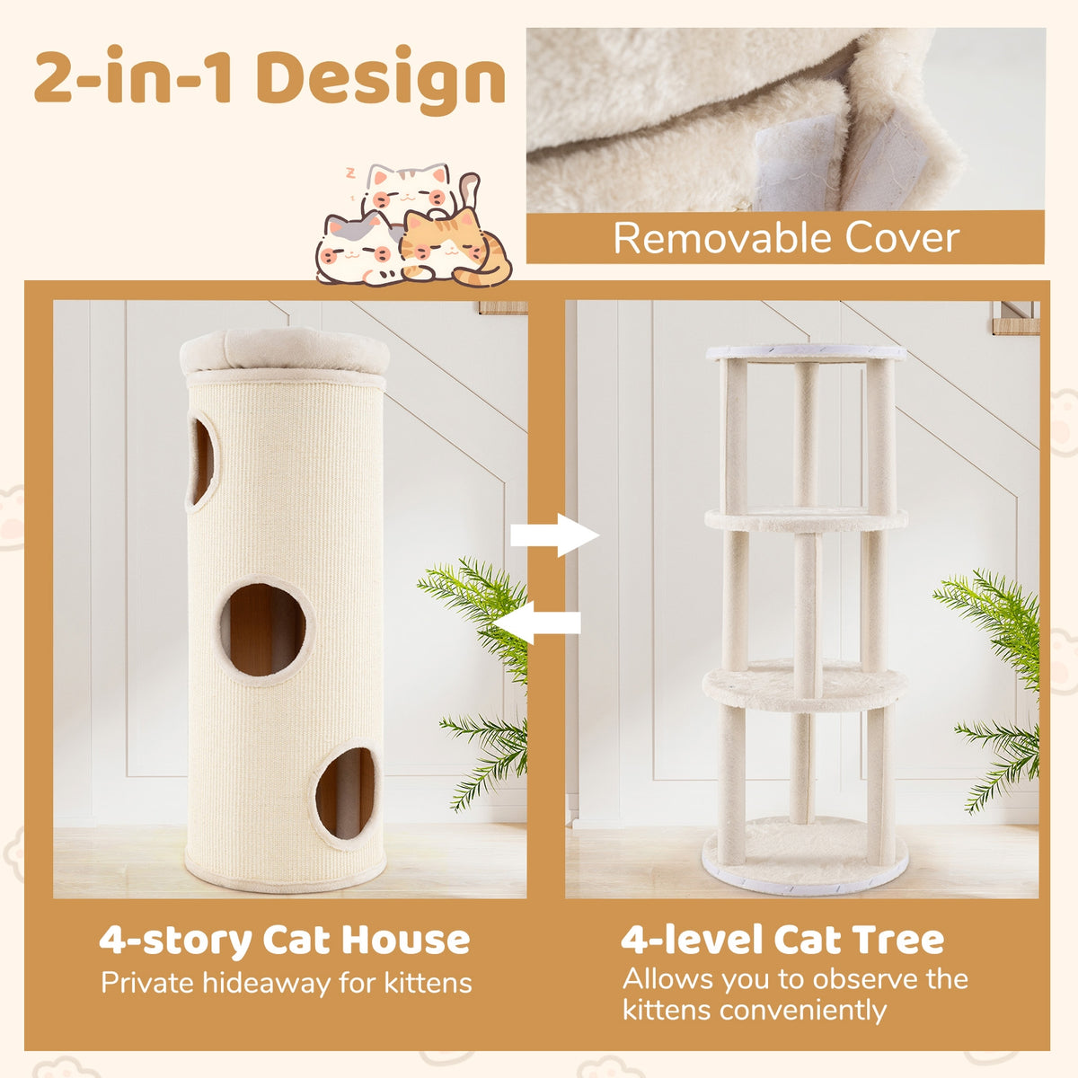 49 Inch Elevated Cat Cave, 4-Story Cat House, Beige Cat Houses at Gallery Canada