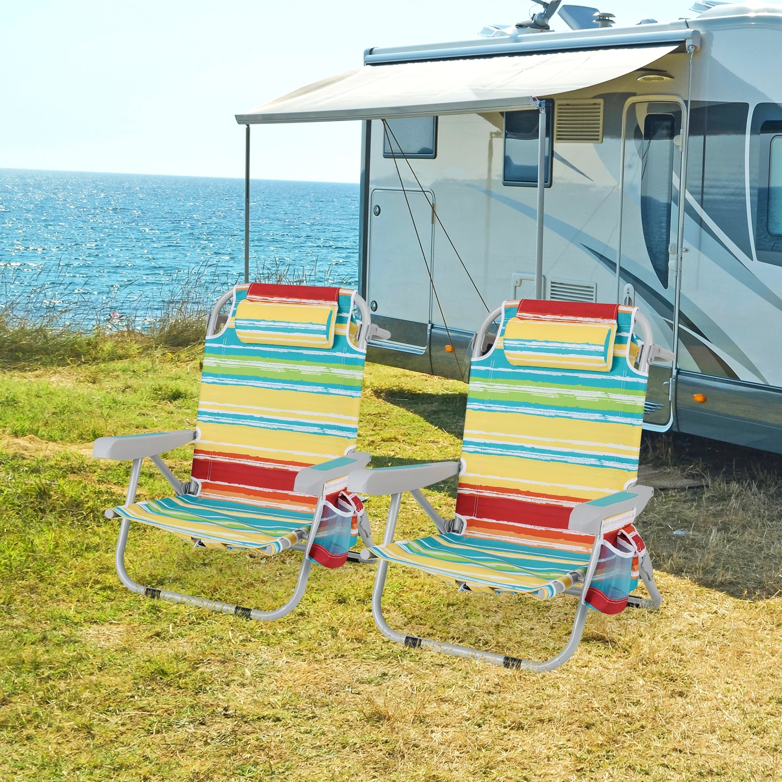 Foldable Backpack Beach Chair, With Cup Holder And Storage Pockets, Multicolor Beach & Lawn Chairs at Gallery Canada