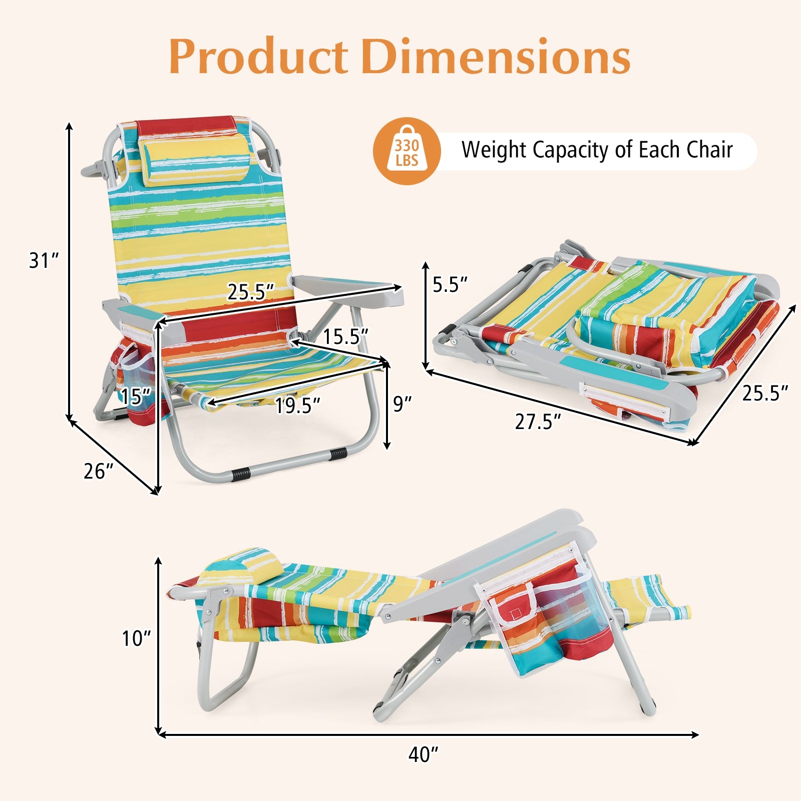 Foldable Backpack Beach Chair, With Cup Holder And Storage Pockets, Multicolor Beach & Lawn Chairs at Gallery Canada