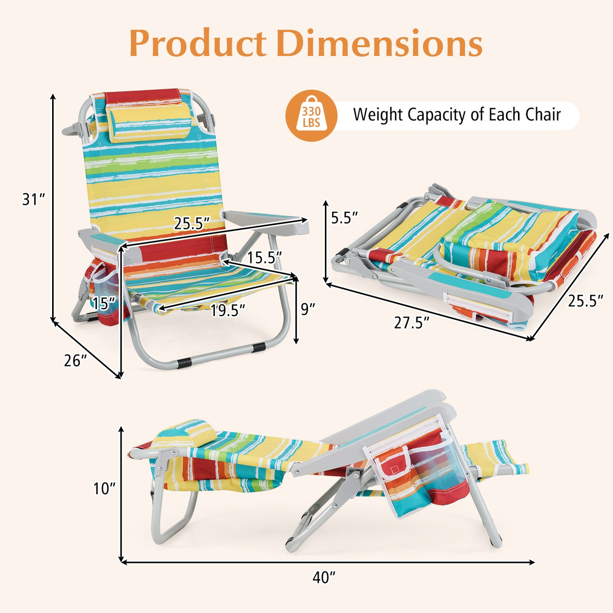 Foldable Backpack Beach Chair, With Cup Holder And Storage Pockets, Multicolor Beach & Lawn Chairs at Gallery Canada