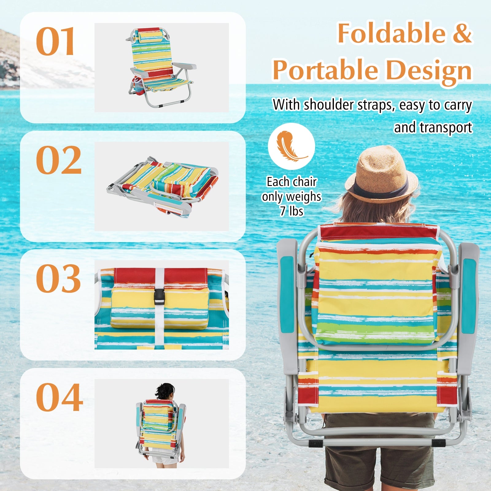 Foldable Backpack Beach Chair, With Cup Holder And Storage Pockets, Multicolor Beach & Lawn Chairs at Gallery Canada