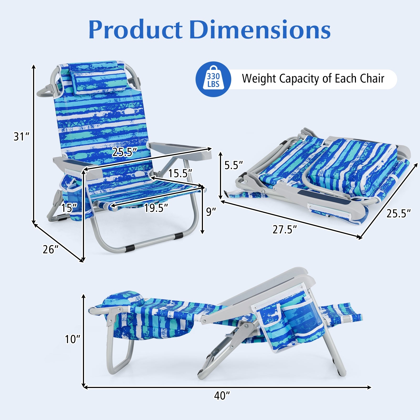 Foldable Backpack Beach Chair, With Cup Holder And Storage Pockets, Navy Beach & Lawn Chairs at Gallery Canada