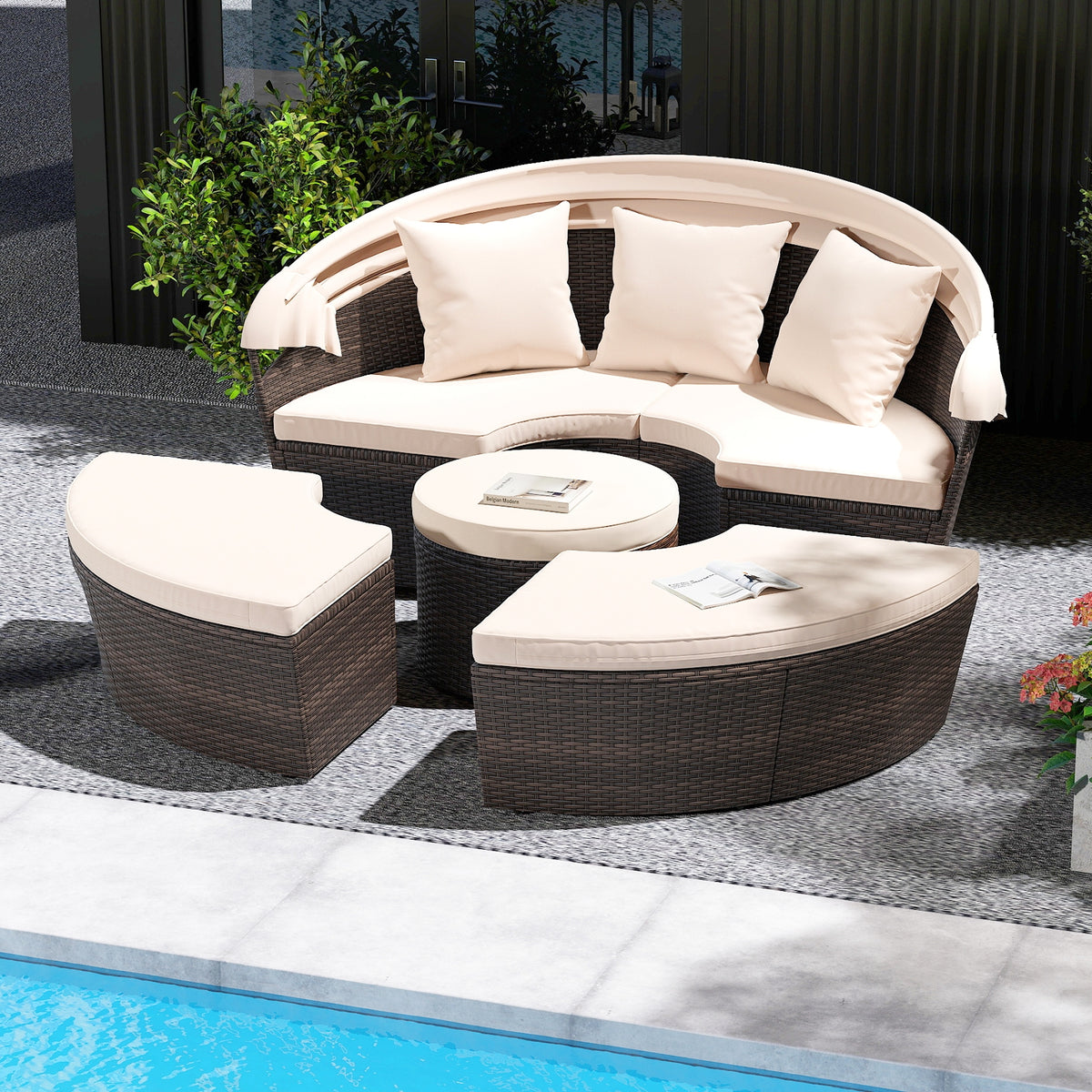 Patio Round Daybed With Retractable Canopy, White Outdoor Sectionals at Gallery Canada