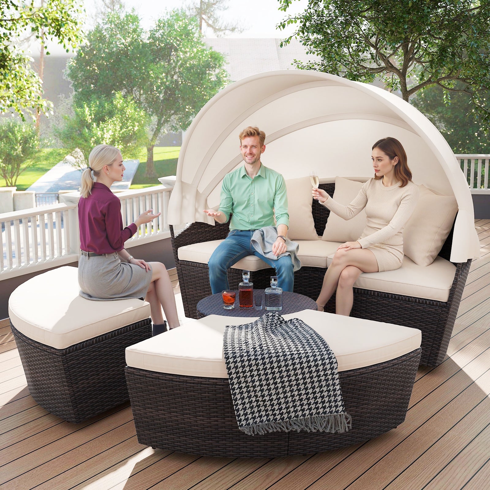 Patio Round Daybed With Retractable Canopy, White Outdoor Sectionals at Gallery Canada