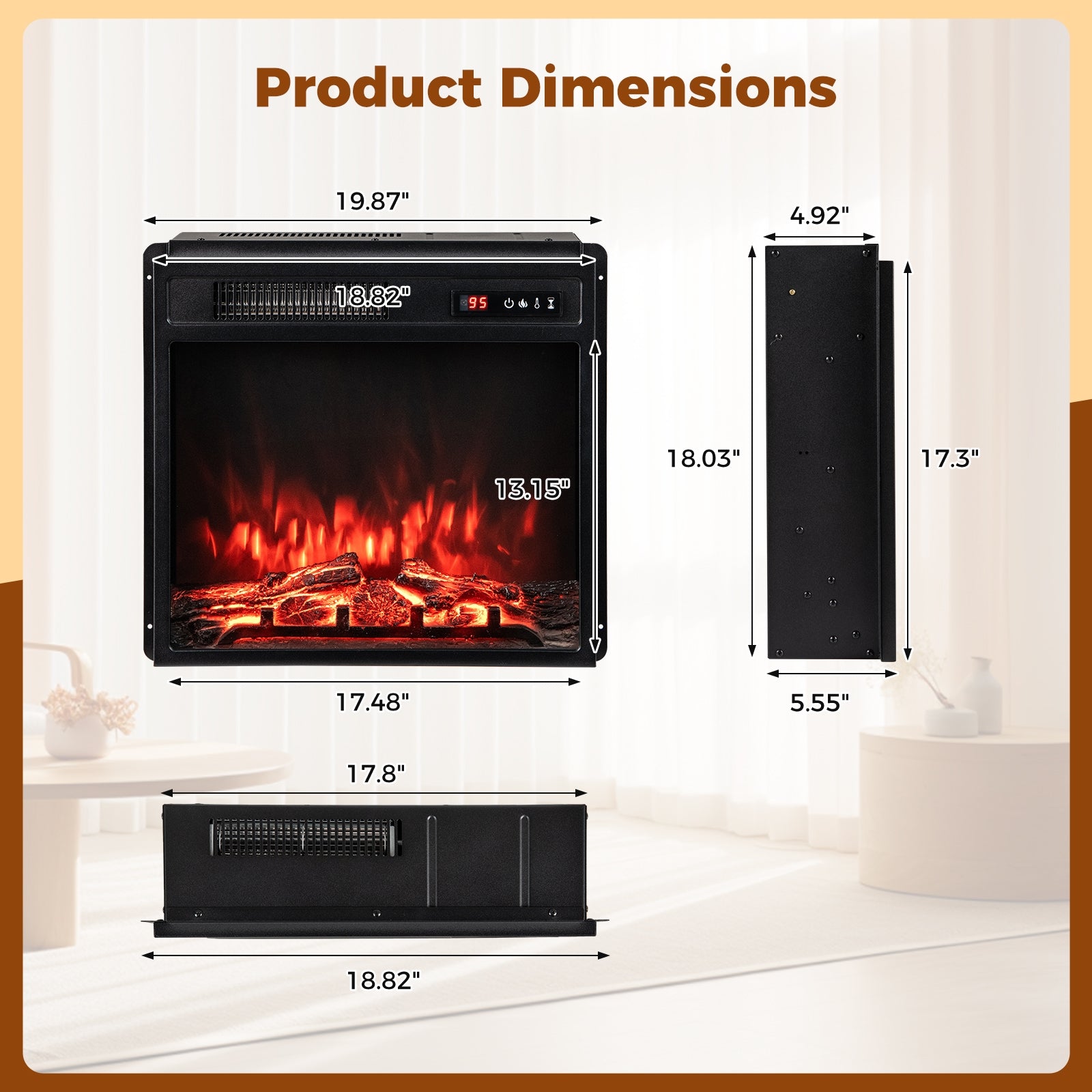 18 Inch Electric Fireplace Insert, 750W/1500W, Remote Control, Adjustable Flame Colors, Black Fireplaces at Gallery Canada