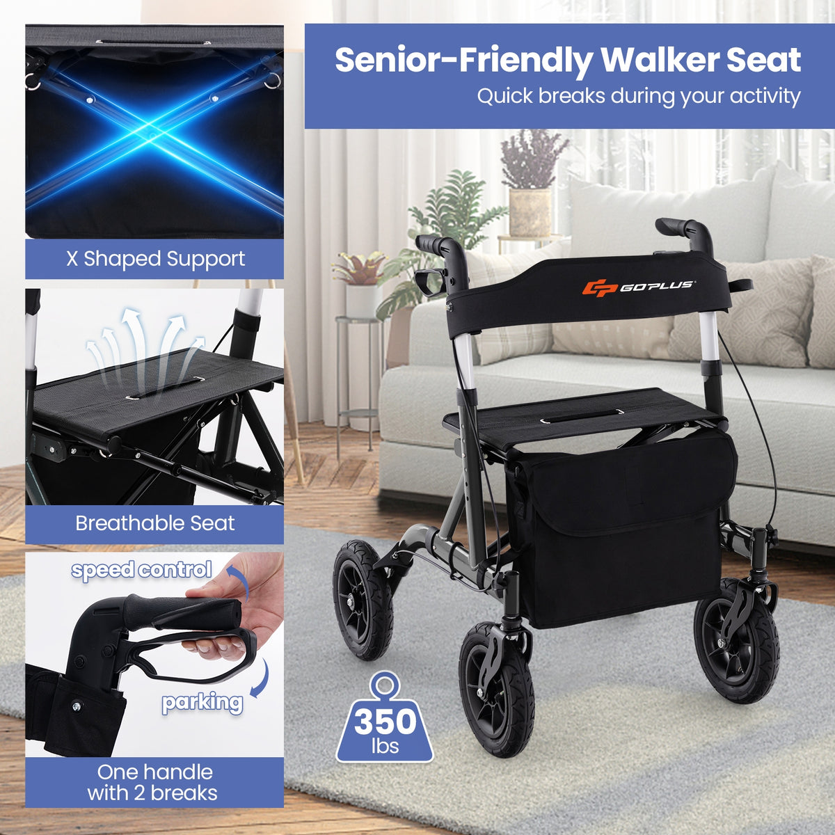 Foldable Height Adjustable Rollator Walker With Seat, Black Walkers & Rollators at Gallery Canada