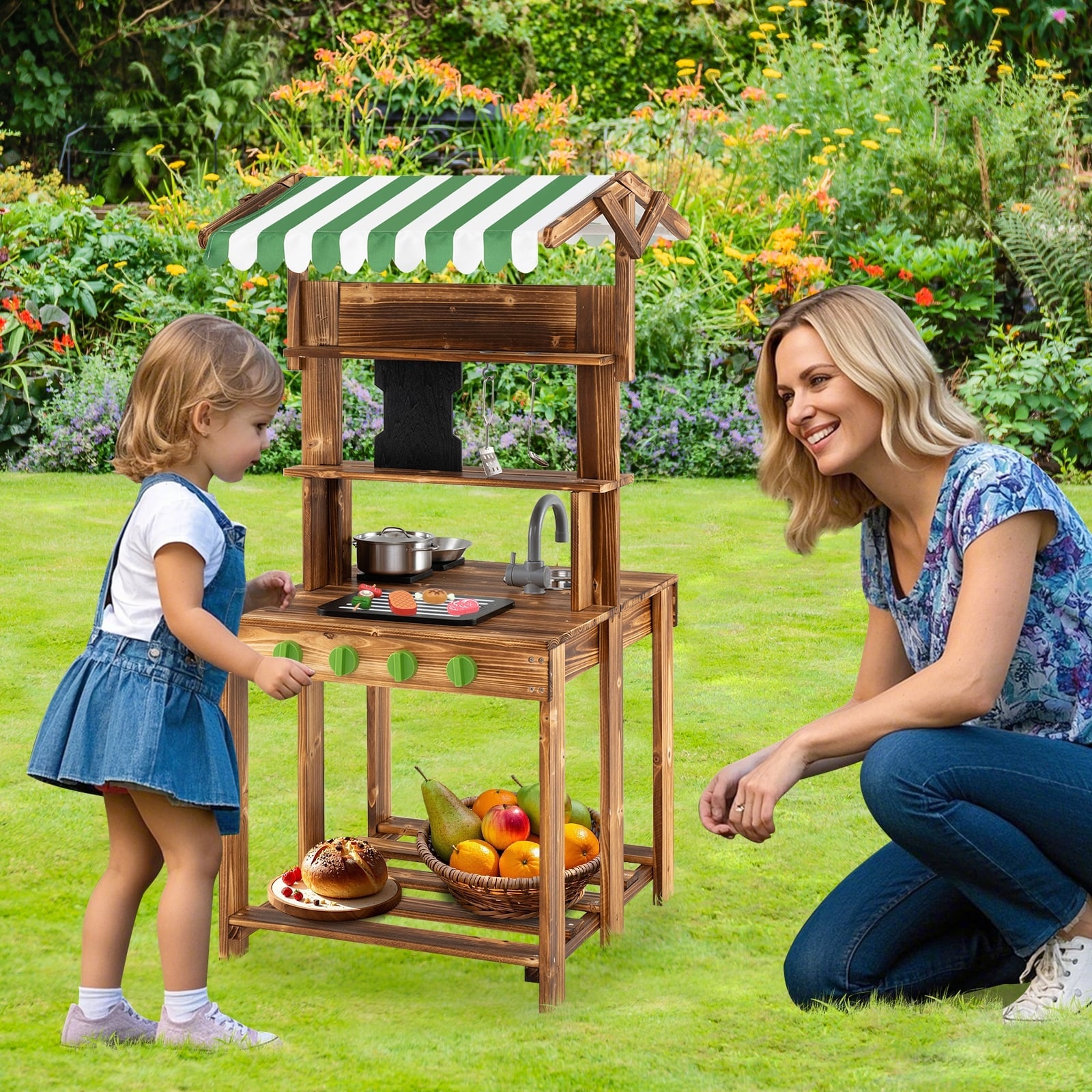 Double-Sided Mud Kitchen With Canopy And Chalkboard, Natural Play Kitchen Sets at Gallery Canada