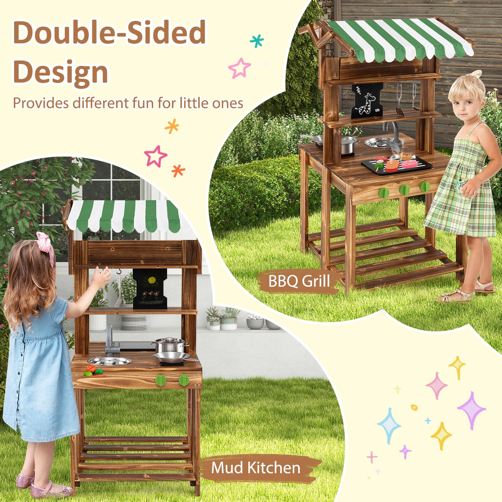 Double-Sided Mud Kitchen With Canopy And Chalkboard, Natural Play Kitchen Sets at Gallery Canada
