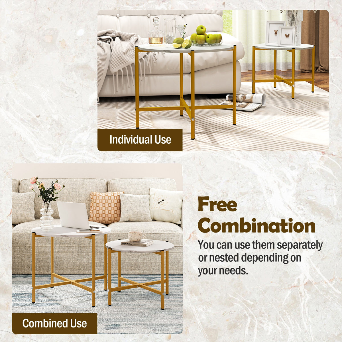 Round Coffee Table Set, Heavy-Duty Metal Frame, White Coffee Tables at Gallery Canada