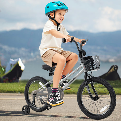 18 Inch Kids Bike, Adjustable, Transparent Chain Cover, 4-8 Years, Silver