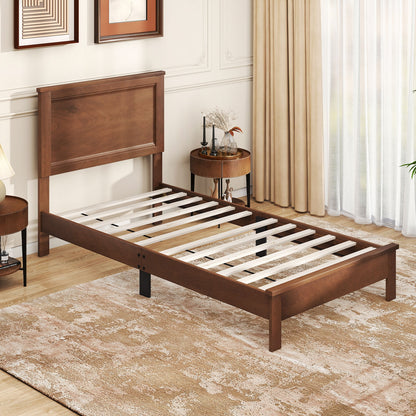 Twin Size Wooden Bed Frame, Headboard, Slat Support, Walnut Simple Bed Frame at Gallery Canada