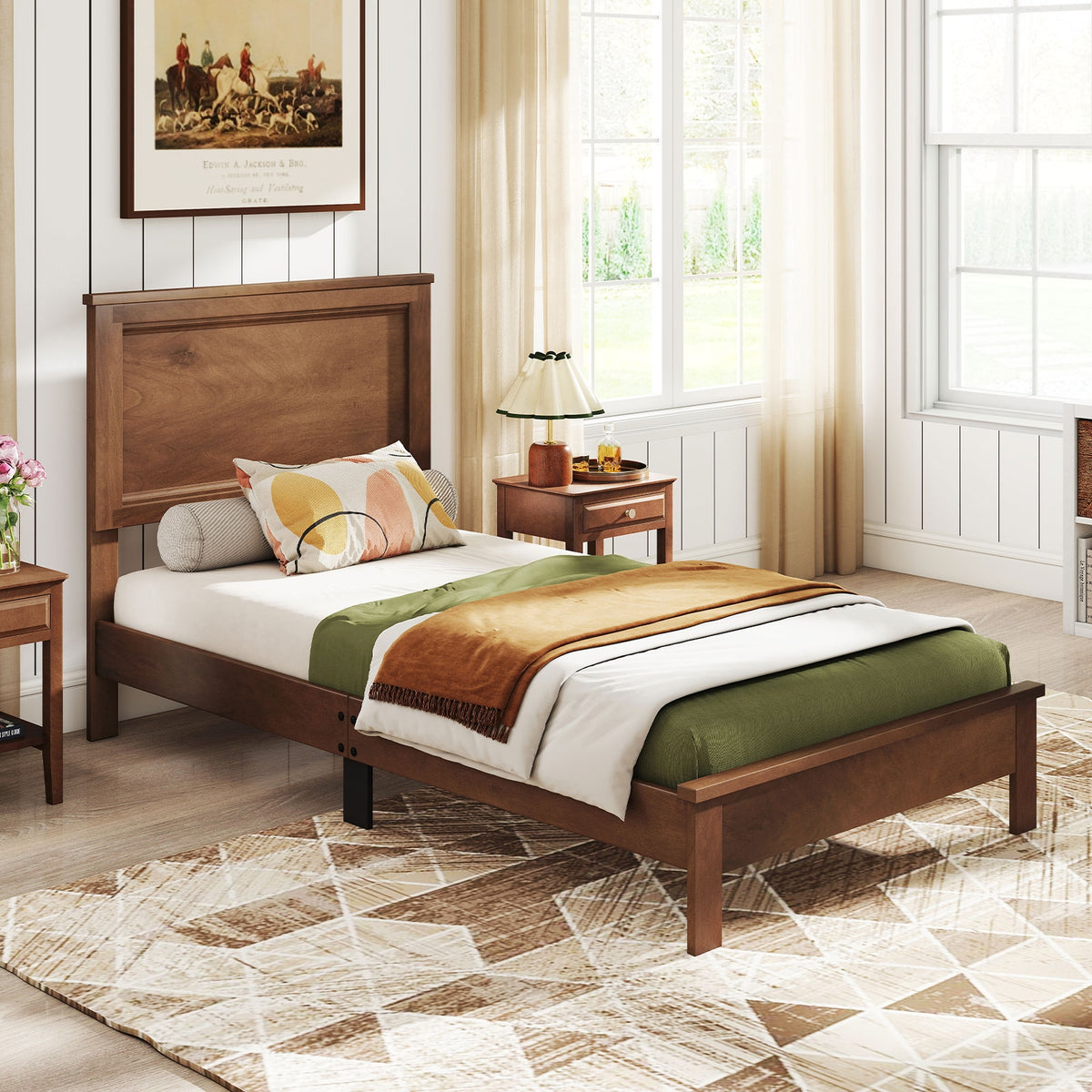 Twin Size Wooden Bed Frame, Headboard, Slat Support, Walnut Simple Bed Frame at Gallery Canada